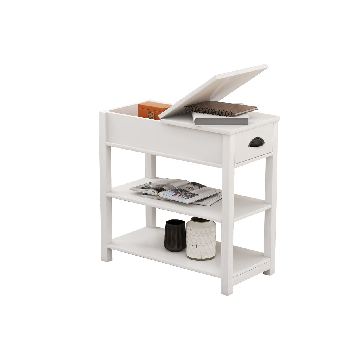 Narrow Sided Table with Drawers and Bottom Partition in Flip Over Design -White W28243315-djyc