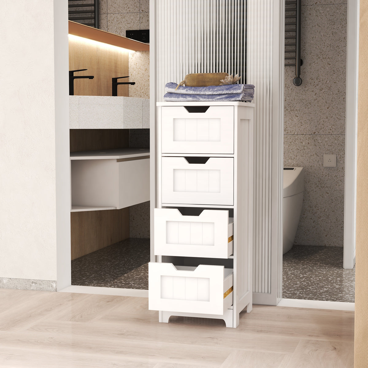 White freestanding storage cabinet with 4 drawers, suitable for bathroom, living room, kitchen W28225814-djyc