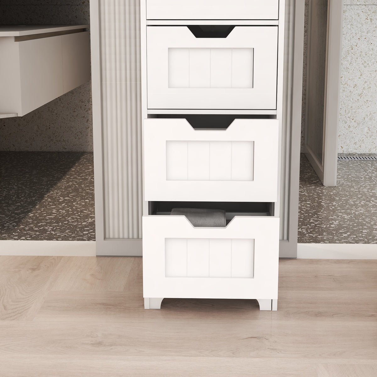 White freestanding storage cabinet with 4 drawers, suitable for bathroom, living room, kitchen W28225814-djyc