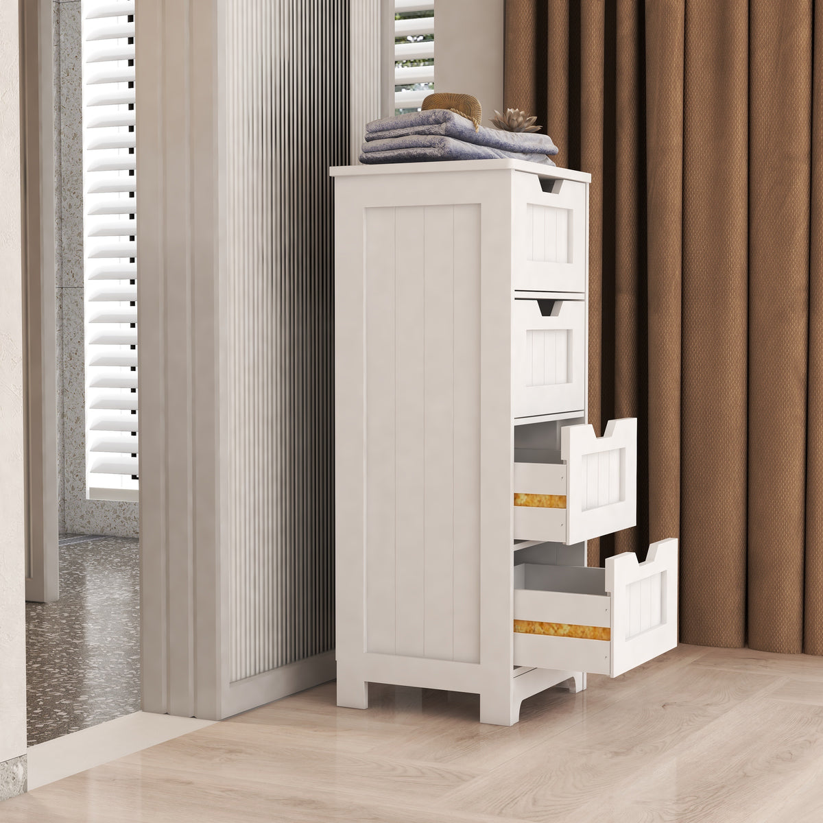 White freestanding storage cabinet with 4 drawers, suitable for bathroom, living room, kitchen W28225814-djyc