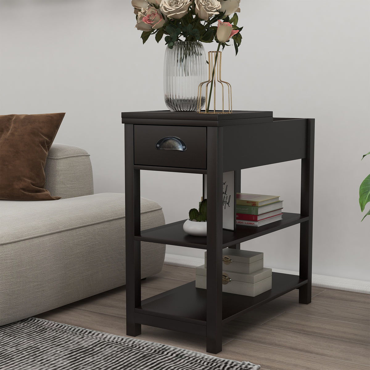 Narrow Sided Table with Drawers and Bottom Partition in Flip Over Design - Brown W28243314-djyc