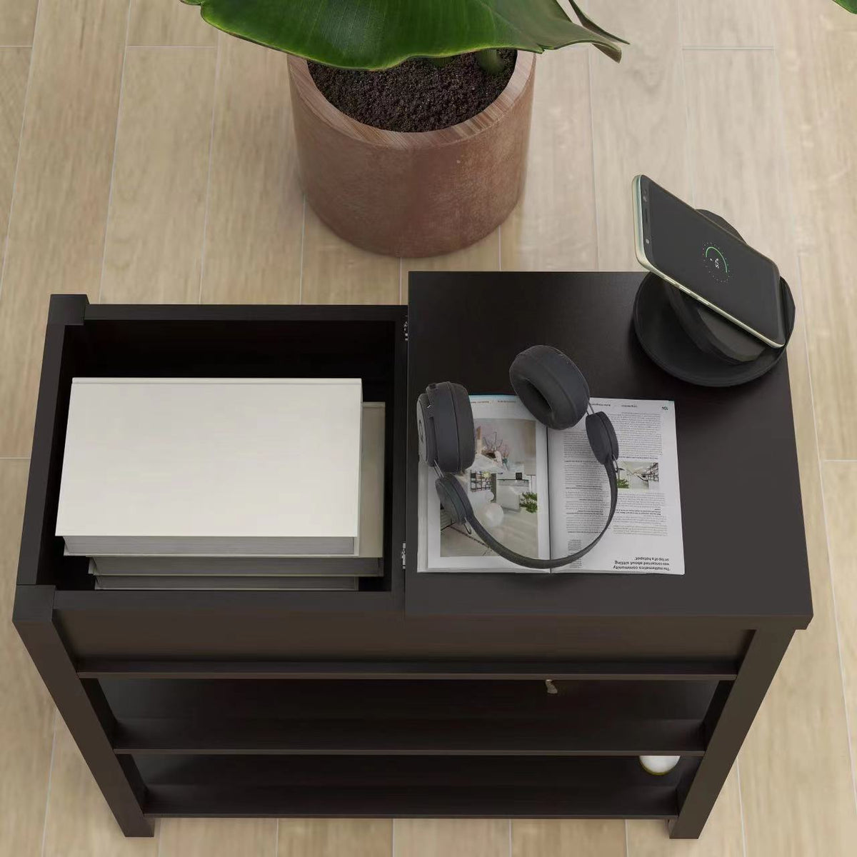 Narrow Sided Table with Drawers and Bottom Partition in Flip Over Design - Brown W28243314-djyc