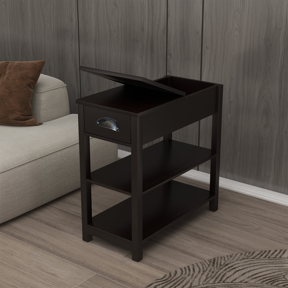 Narrow Sided Table with Drawers and Bottom Partition in Flip Over Design - Brown W28243314-djyc