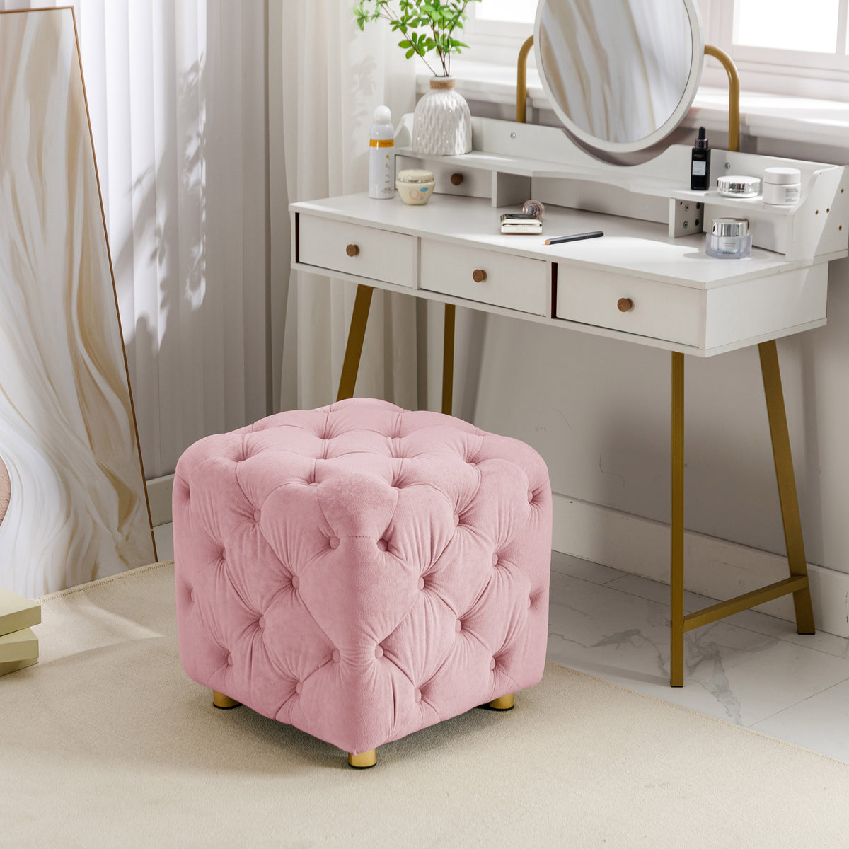 Pink Modern Velvet Upholstered Ottoman, Exquisite Small End Table, Soft Foot Stool,Dressing Makeup Chair, Comfortable Seat for Living Room, Bedroom, Entrance W1170103513-djyc