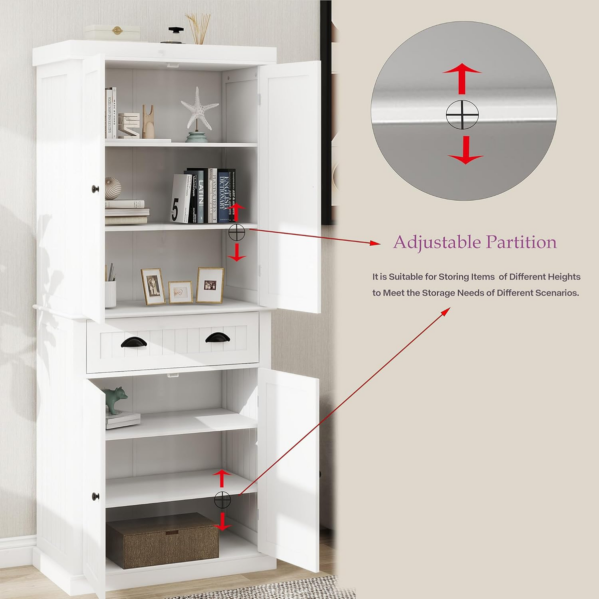 71" Kitchen Pantry Storage Cabinet , with 4 Doors, Drawer, 2 Adjustable Shelves, Freestanding Cupboard for Dining Room Living Room, Laundry-White W282S00023-djyc