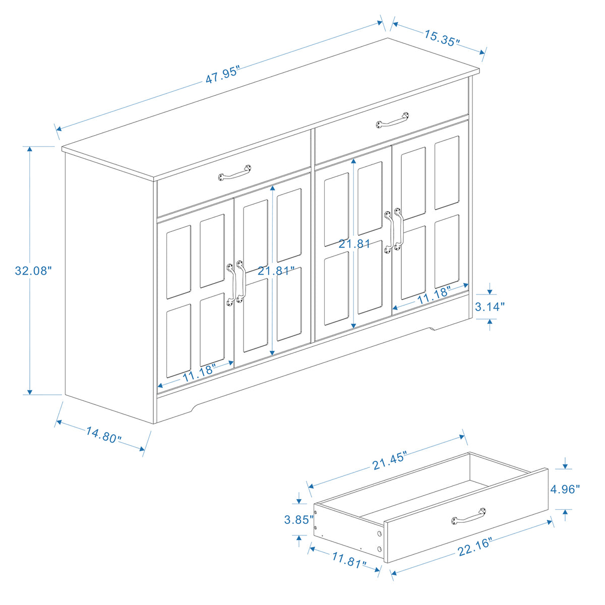 47.95" Farmhouse Buffet Cabinet Storage Sideboard with 2 Drawers and 4 Doors for Dining Living Room Kitchen Cupboard-White W282138088-djyc