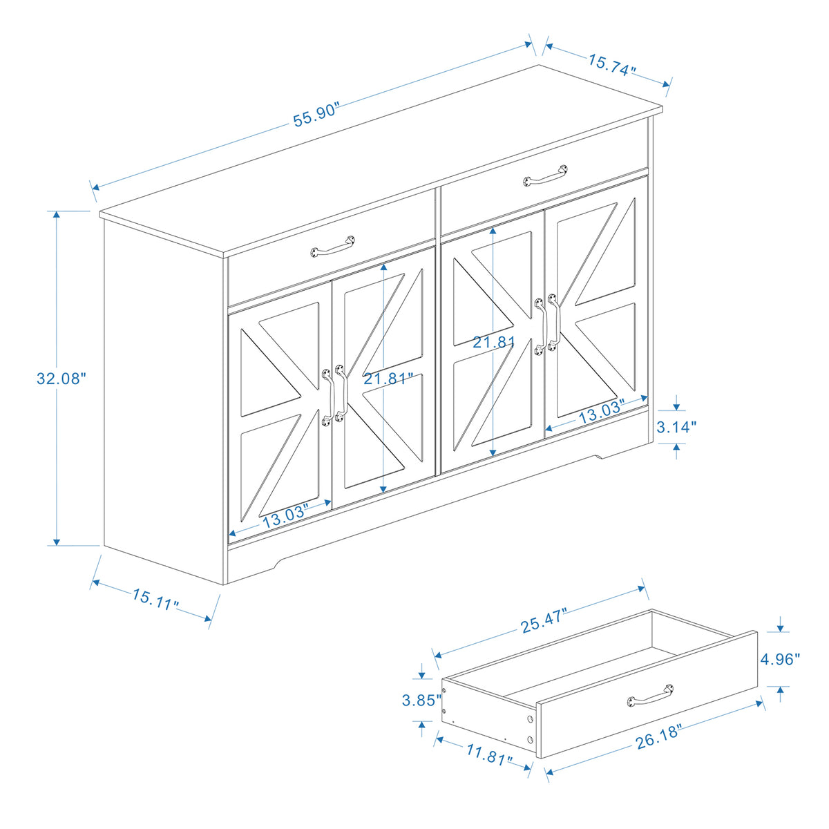55.91" Large Farmhouse Buffet Cabinet Storage Sideboard with 2 Drawers and 4 Doors for Dining Living Room Kitchen Cupboard-White W282138082-djyc