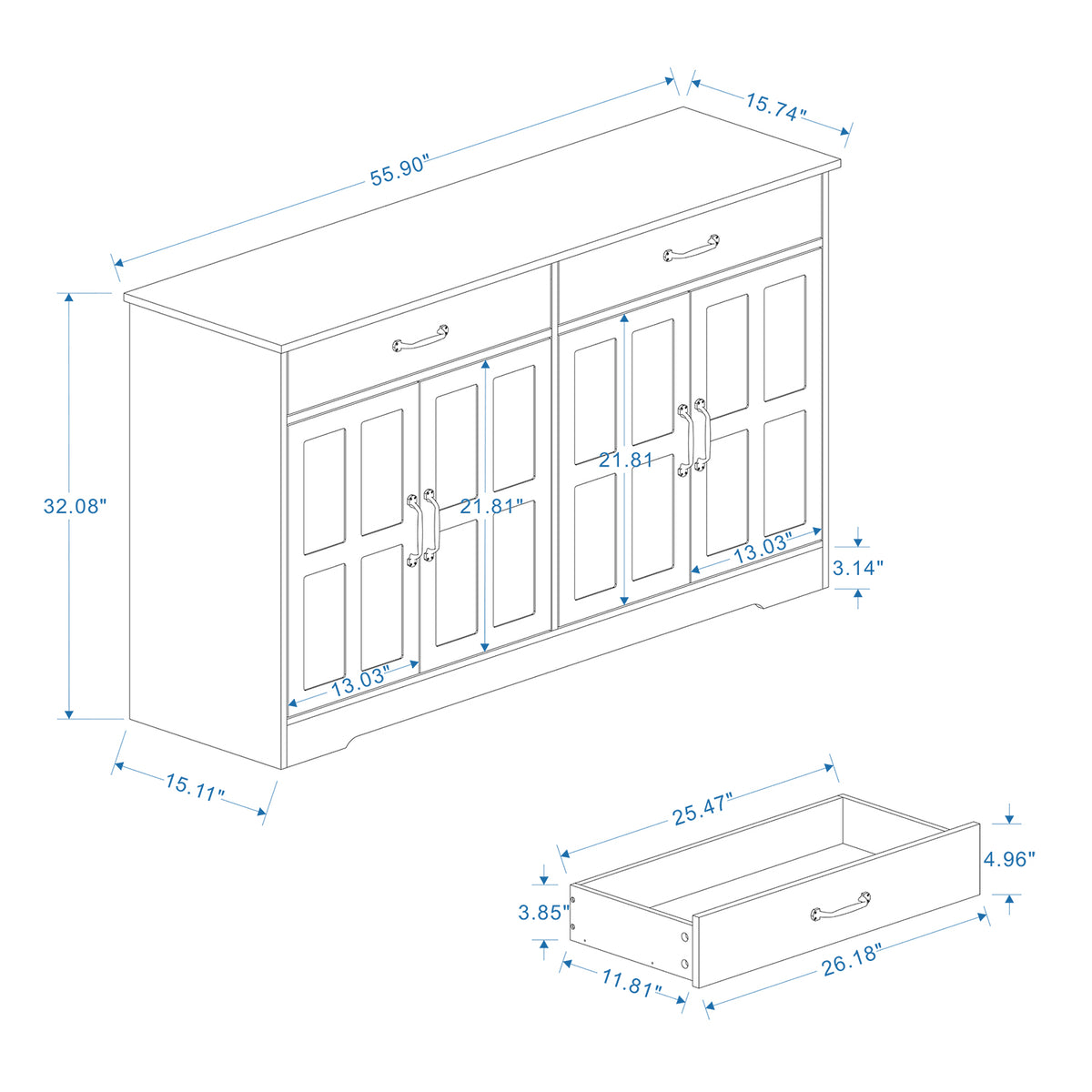 55.91" Large Farmhouse Buffet Cabinet Storage Sideboard with 2 Drawers and 4 Doors for Dining Living Room Kitchen Cupboard-White W282138080-djyc