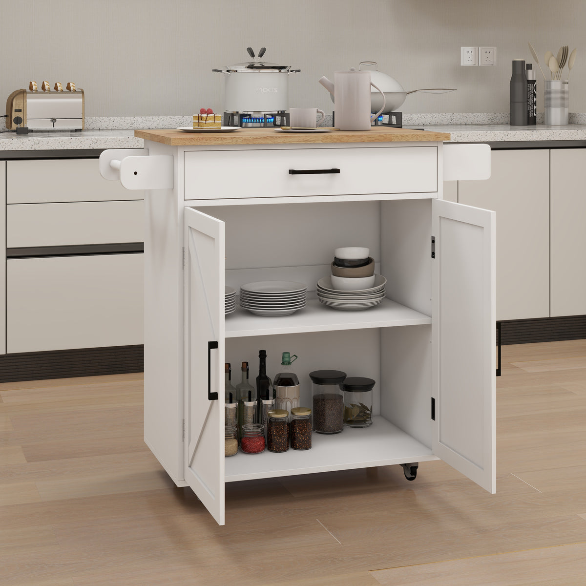 Kitchen island rolling trolley cart with Adjustable Shelves & towel rack & seasoning rack rubber wood table top-White W282108546-djyc