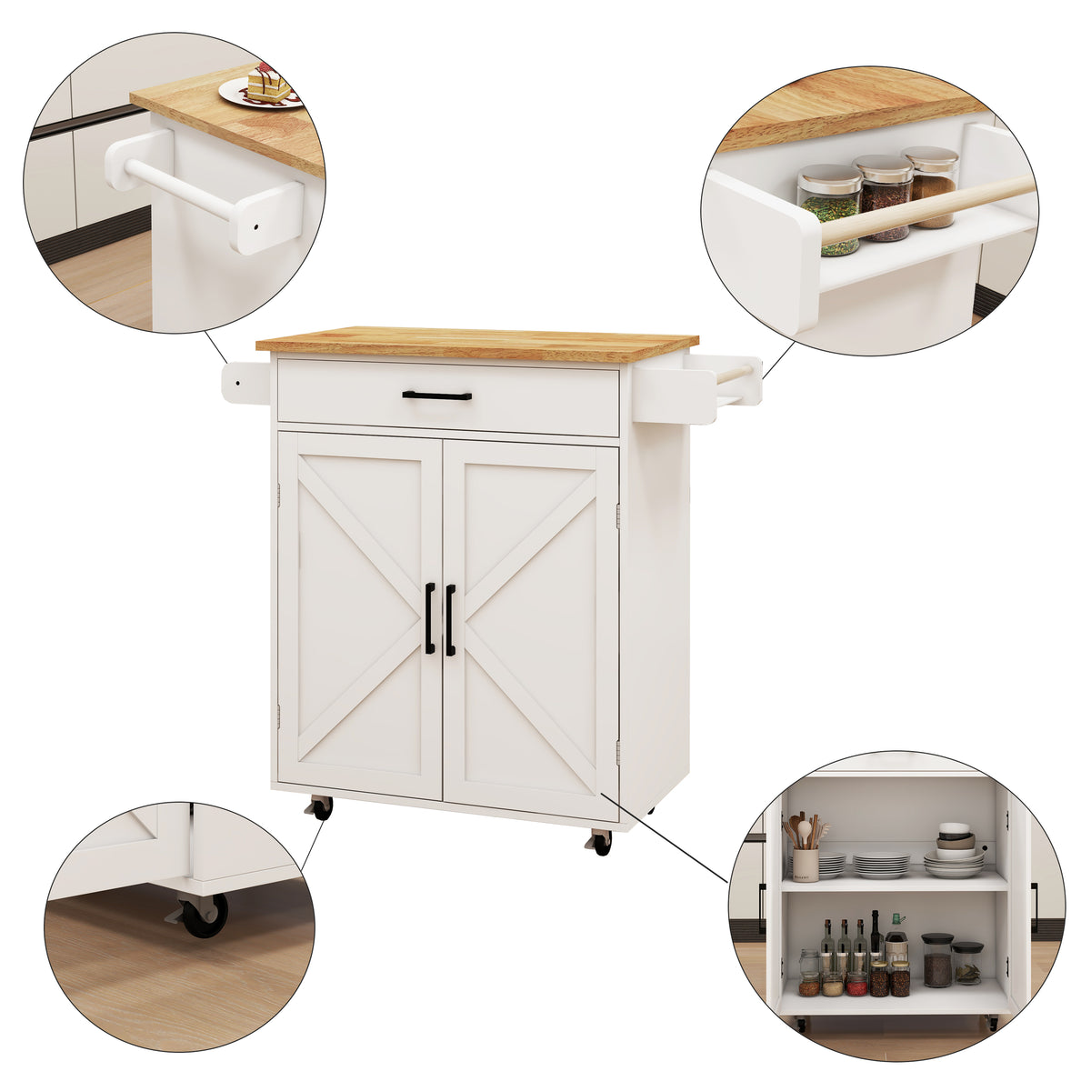 Kitchen island rolling trolley cart with Adjustable Shelves & towel rack & seasoning rack rubber wood table top-White W282108546-djyc