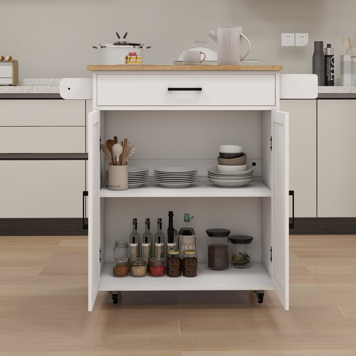 Kitchen island rolling trolley cart with Adjustable Shelves & towel rack & seasoning rack rubber wood table top-White W282108546-djyc