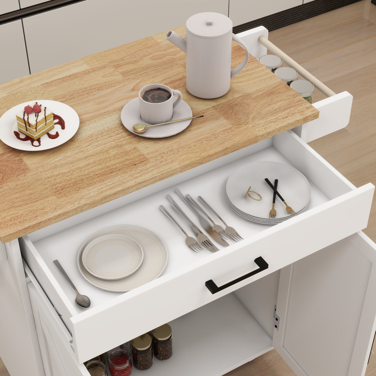 Kitchen island rolling trolley cart with Adjustable Shelves & towel rack & seasoning rack rubber wood table top-White W282108546-djyc