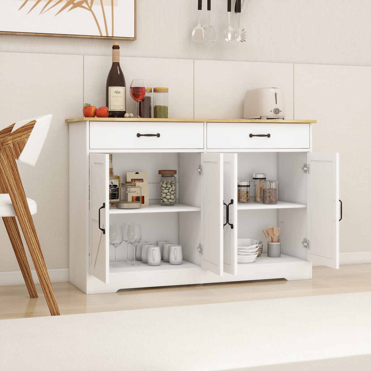 47.95" Farmhouse Buffet Cabinet Storage Sideboard with 2 Drawers and 4 Doors for Dining Living Room Kitchen Cupboard-White W282138086-djyc