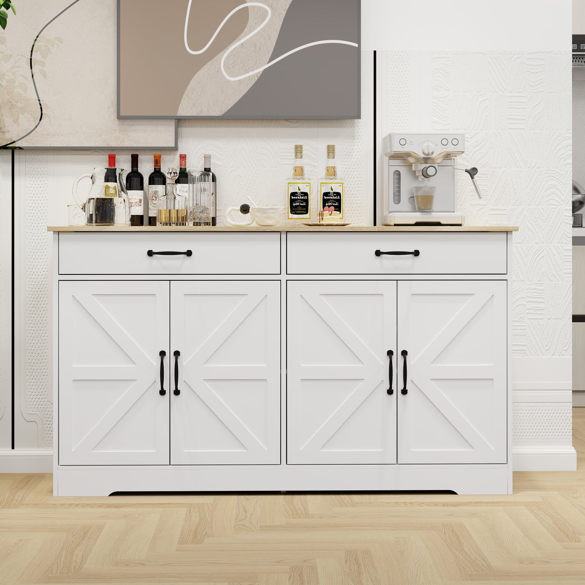 55.91" Large Farmhouse Buffet Cabinet Storage Sideboard with 2 Drawers and 4 Doors for Dining Living Room Kitchen Cupboard-White W282138082-djyc