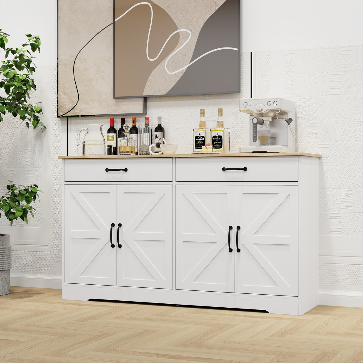 55.91" Large Farmhouse Buffet Cabinet Storage Sideboard with 2 Drawers and 4 Doors for Dining Living Room Kitchen Cupboard-White W282138082-djyc