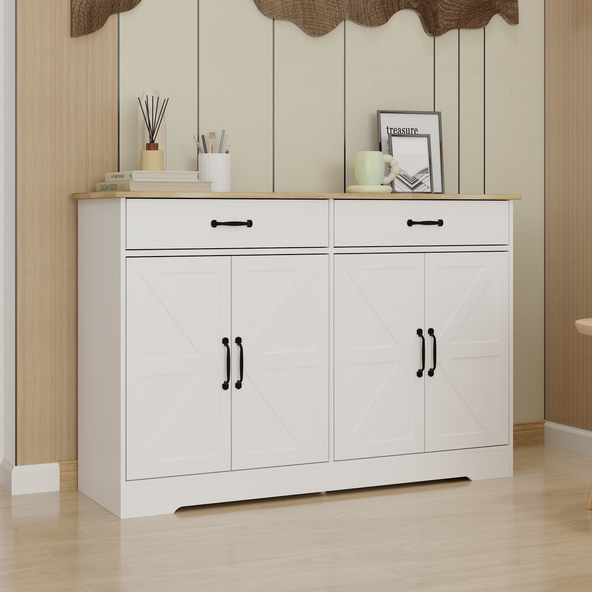 47.95" Farmhouse Buffet Cabinet Storage Sideboard with 2 Drawers and 4 Doors for Dining Living Room Kitchen Cupboard-White W282138086-djyc