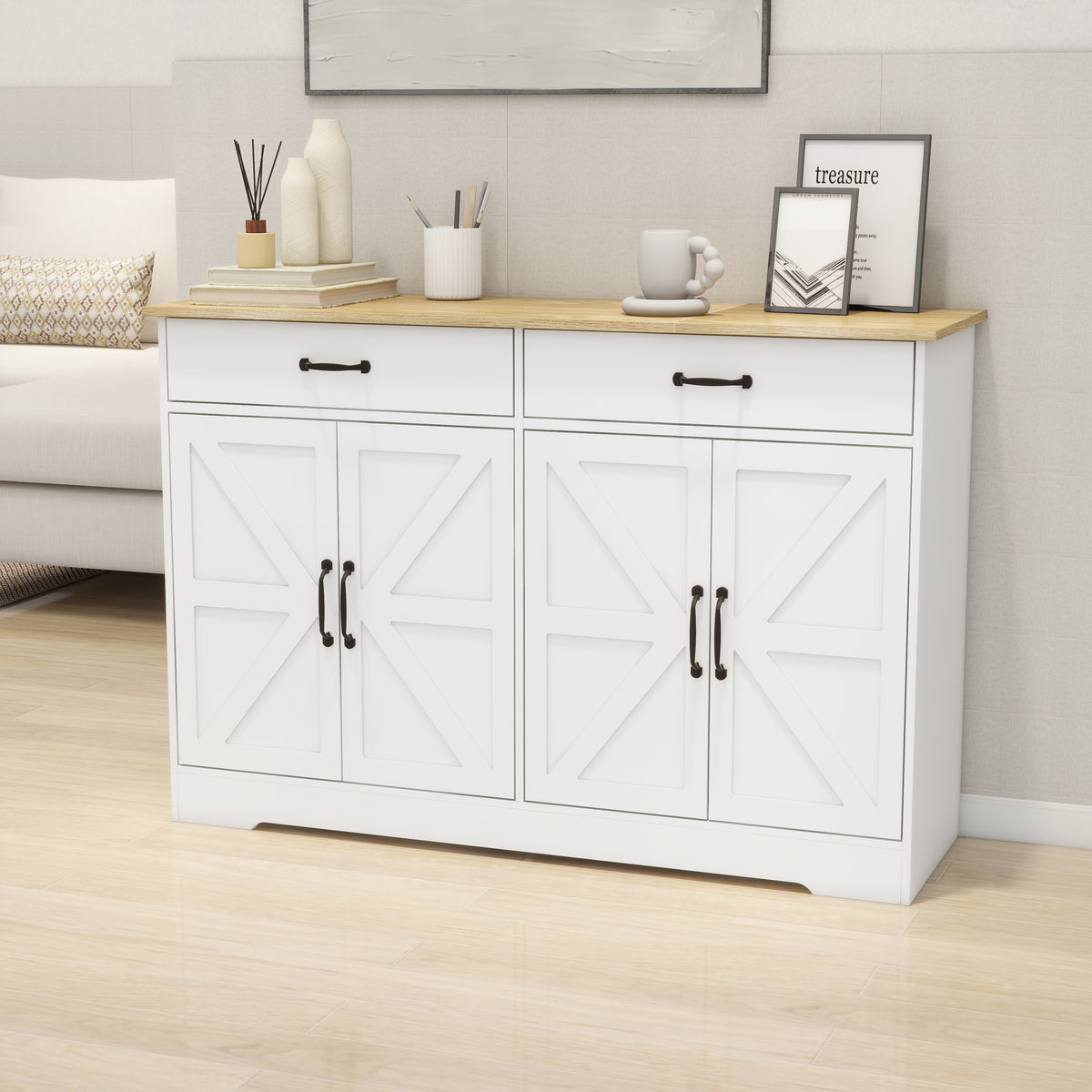 47.95" Farmhouse Buffet Cabinet Storage Sideboard with 2 Drawers and 4 Doors for Dining Living Room Kitchen Cupboard-White W282138086-djyc