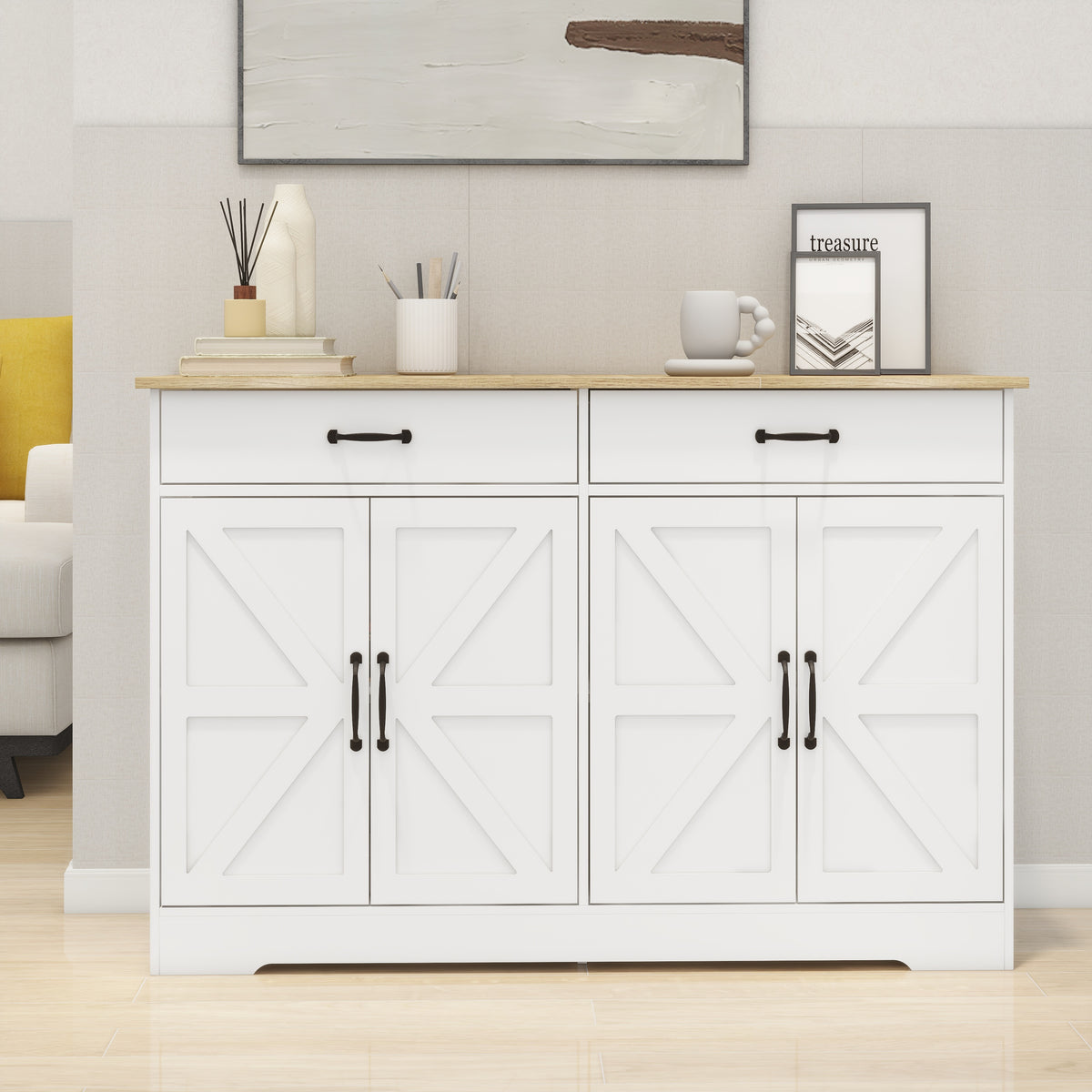 47.95" Farmhouse Buffet Cabinet Storage Sideboard with 2 Drawers and 4 Doors for Dining Living Room Kitchen Cupboard-White W282138086-djyc