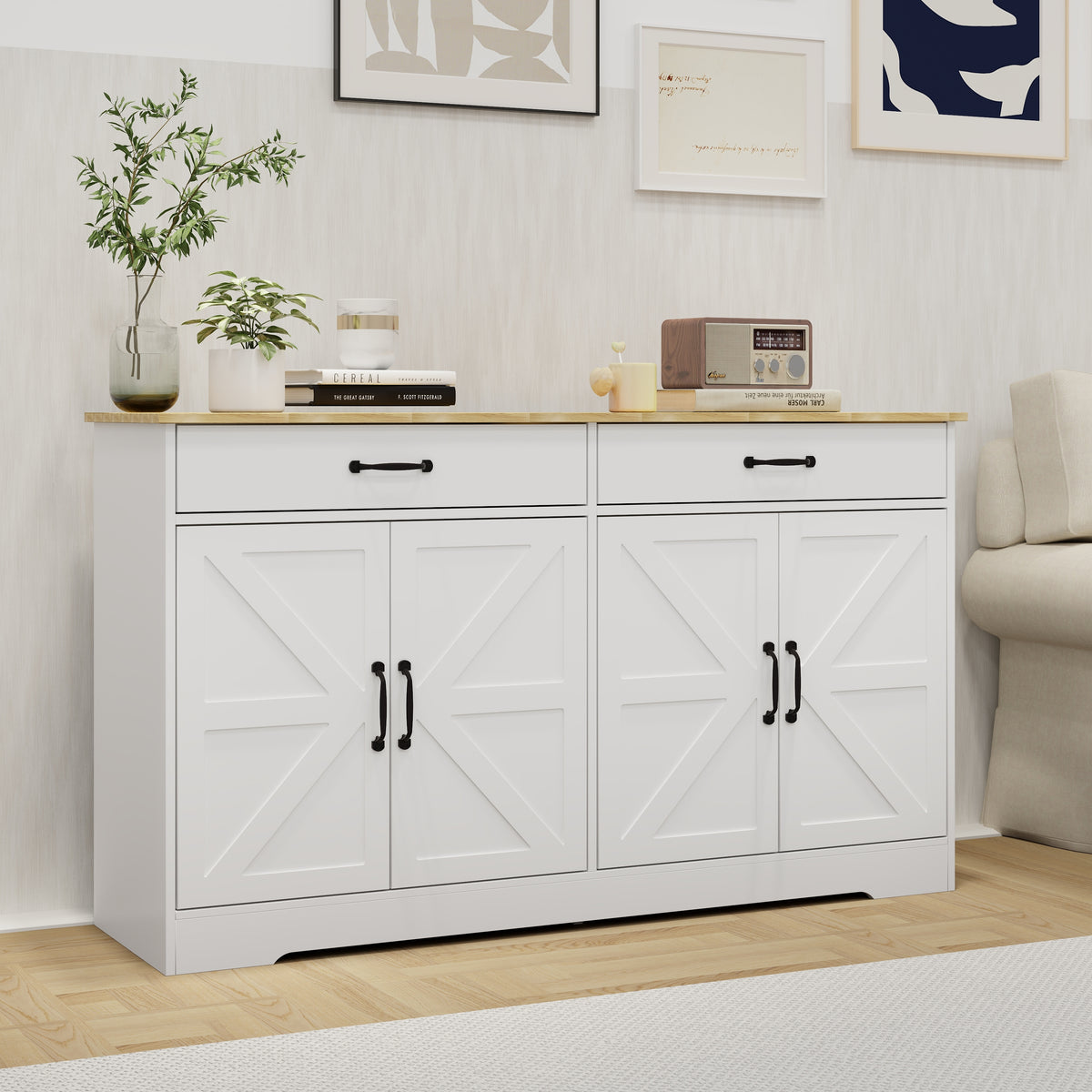 55.91" Large Farmhouse Buffet Cabinet Storage Sideboard with 2 Drawers and 4 Doors for Dining Living Room Kitchen Cupboard-White W282138082-djyc