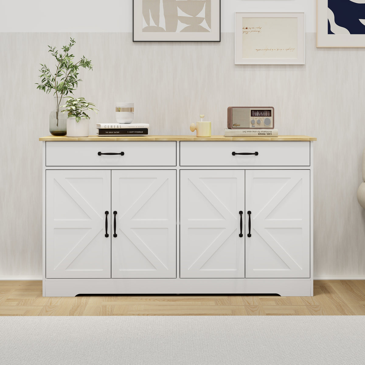 55.91" Large Farmhouse Buffet Cabinet Storage Sideboard with 2 Drawers and 4 Doors for Dining Living Room Kitchen Cupboard-White W282138082-djyc