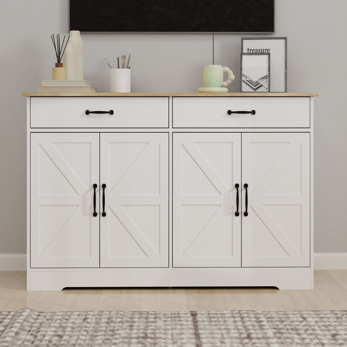 47.95" Farmhouse Buffet Cabinet Storage Sideboard with 2 Drawers and 4 Doors for Dining Living Room Kitchen Cupboard-White W282138086-djyc