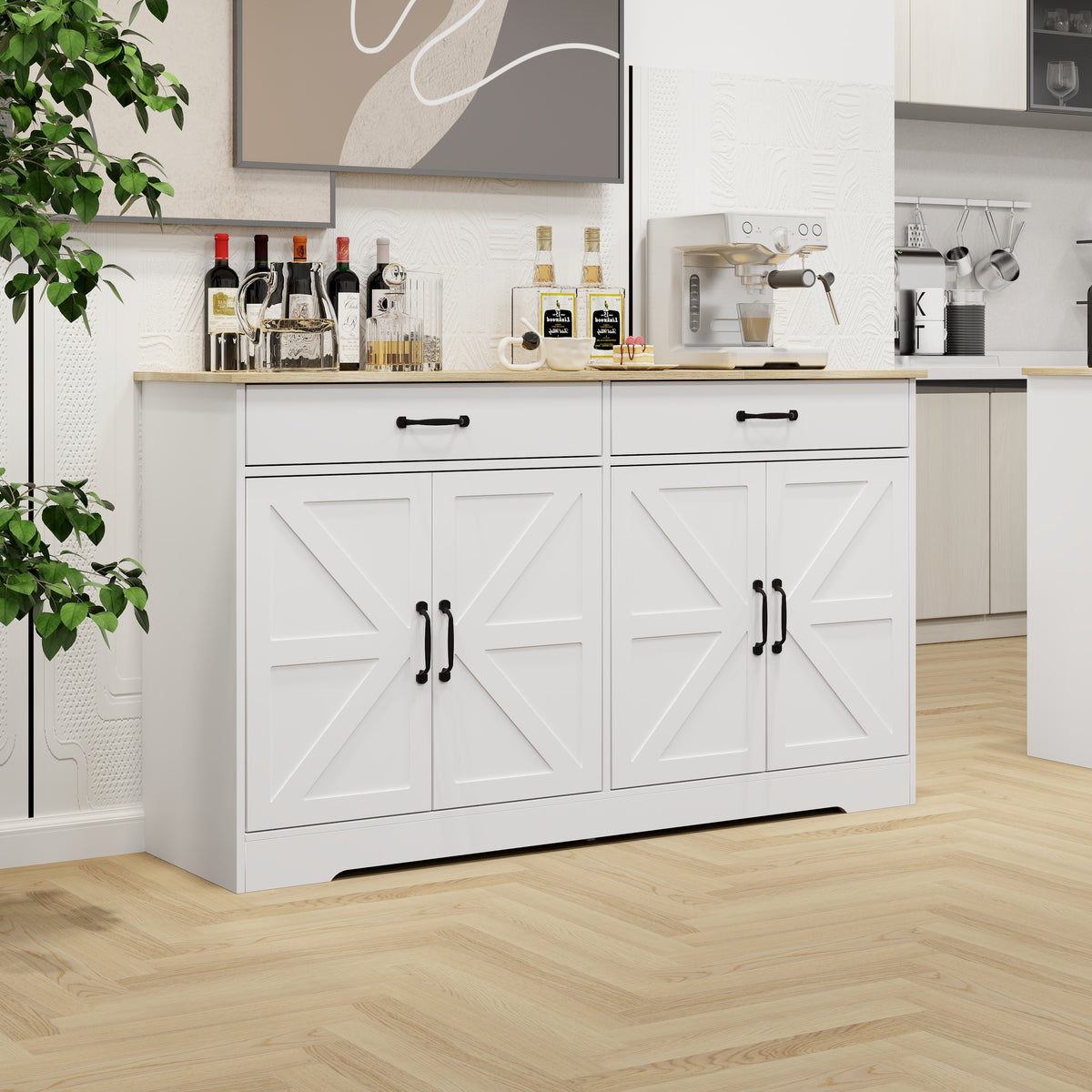 55.91" Large Farmhouse Buffet Cabinet Storage Sideboard with 2 Drawers and 4 Doors for Dining Living Room Kitchen Cupboard-White W282138082-djyc