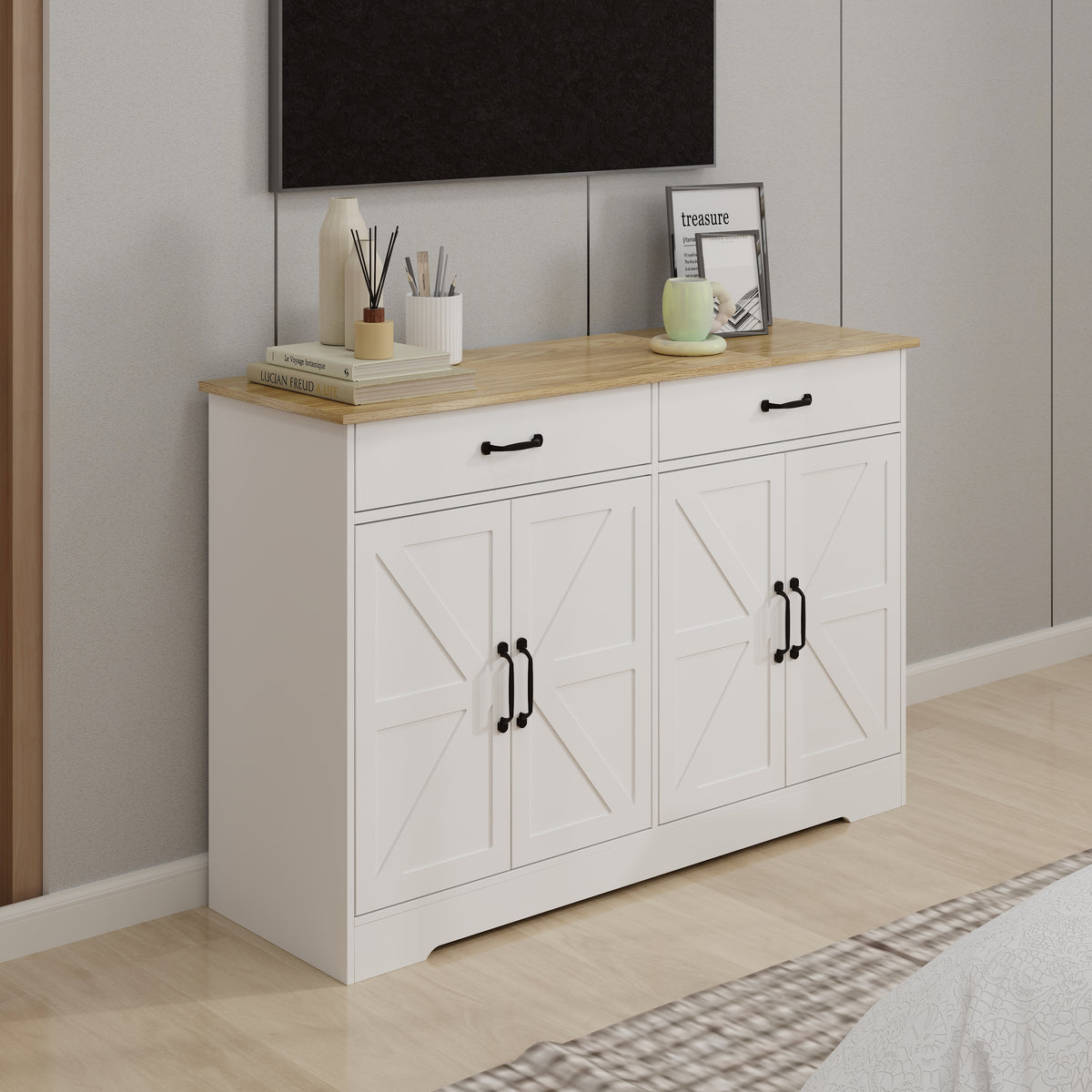 47.95" Farmhouse Buffet Cabinet Storage Sideboard with 2 Drawers and 4 Doors for Dining Living Room Kitchen Cupboard-White W282138086-djyc