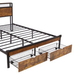 Queen Size Metal Platform Bed Frame with Wooden Headboard and Footboard with USB,Charging Station,2 Drawers,LED Lights, No Box Spring Needed, Easy Assemble W311S00046-djyc