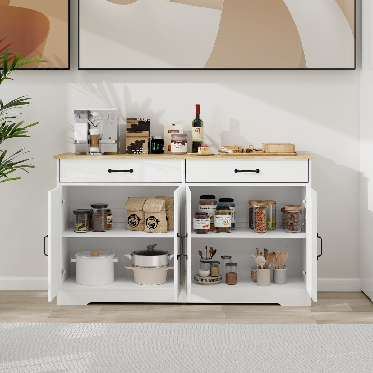 55.91" Large Farmhouse Buffet Cabinet Storage Sideboard with 2 Drawers and 4 Doors for Dining Living Room Kitchen Cupboard-White W282138080-djyc