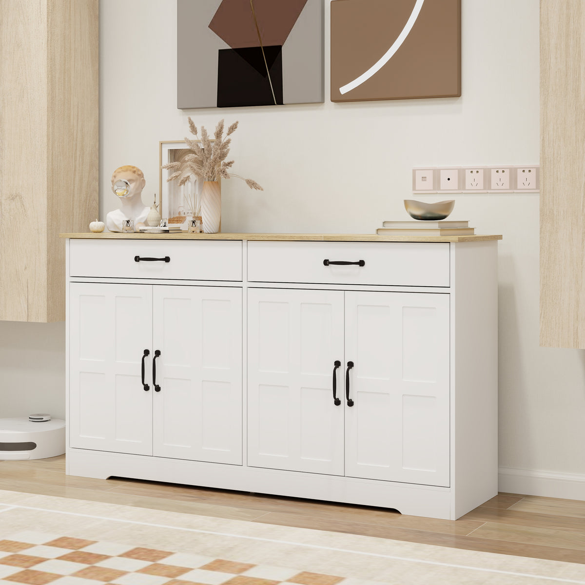 55.91" Large Farmhouse Buffet Cabinet Storage Sideboard with 2 Drawers and 4 Doors for Dining Living Room Kitchen Cupboard-White W282138080-djyc