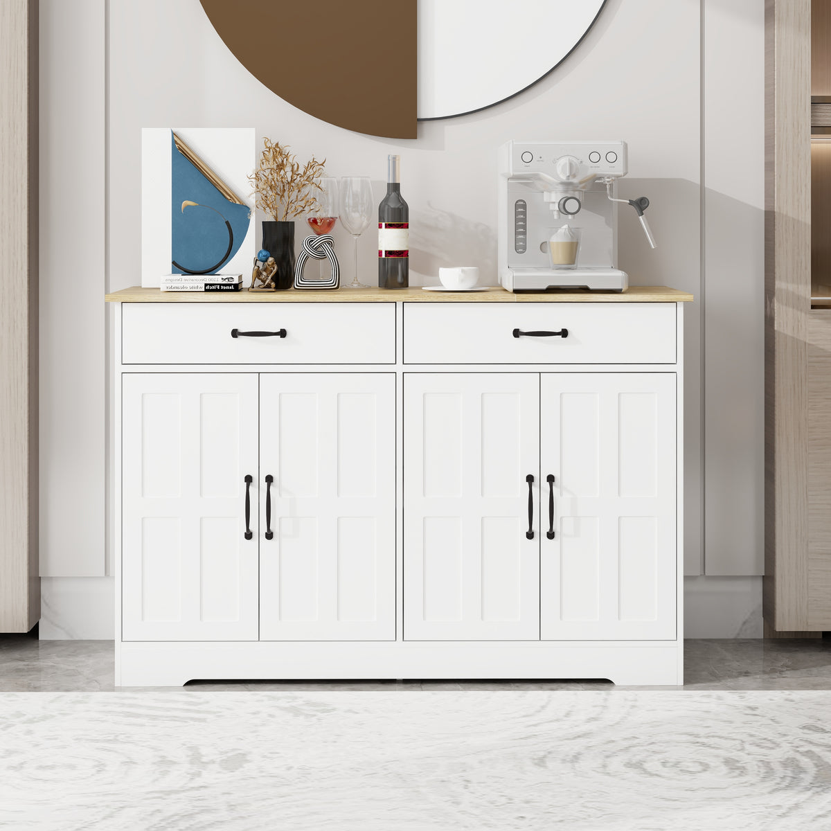 47.95" Farmhouse Buffet Cabinet Storage Sideboard with 2 Drawers and 4 Doors for Dining Living Room Kitchen Cupboard-White W282138088-djyc