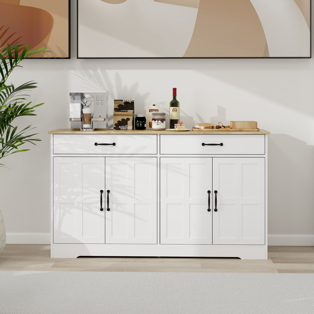 55.91" Large Farmhouse Buffet Cabinet Storage Sideboard with 2 Drawers and 4 Doors for Dining Living Room Kitchen Cupboard-White W282138080-djyc