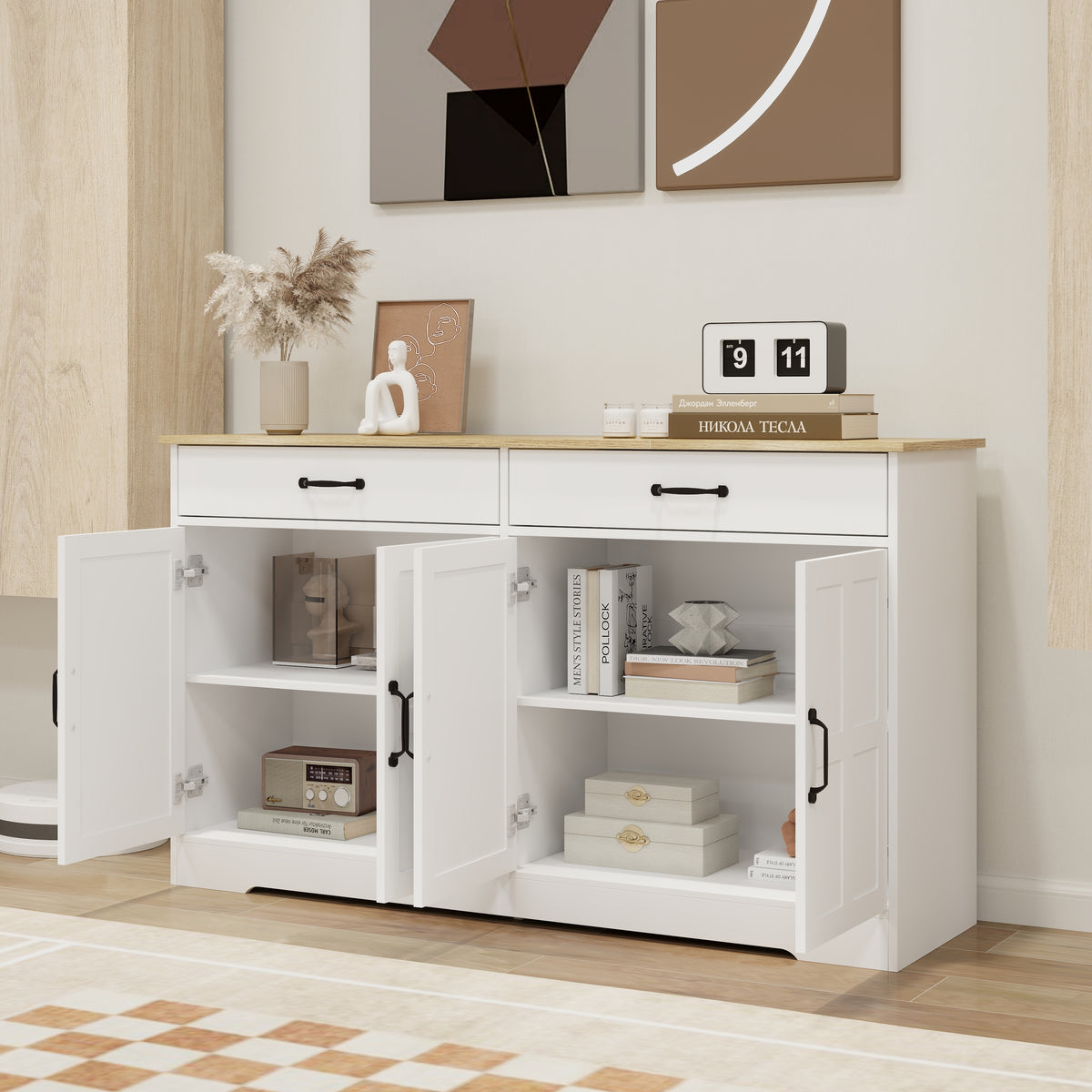 55.91" Large Farmhouse Buffet Cabinet Storage Sideboard with 2 Drawers and 4 Doors for Dining Living Room Kitchen Cupboard-White W282138080-djyc