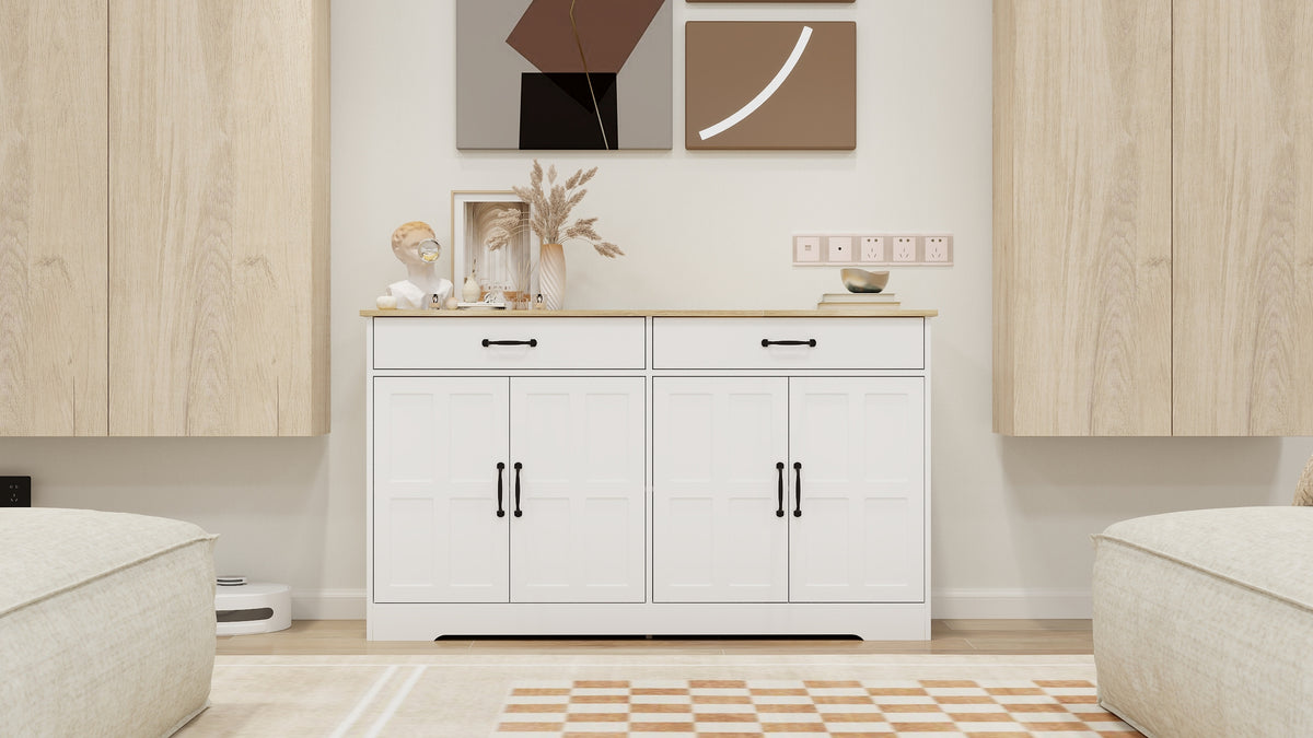 55.91" Large Farmhouse Buffet Cabinet Storage Sideboard with 2 Drawers and 4 Doors for Dining Living Room Kitchen Cupboard-White W282138080-djyc