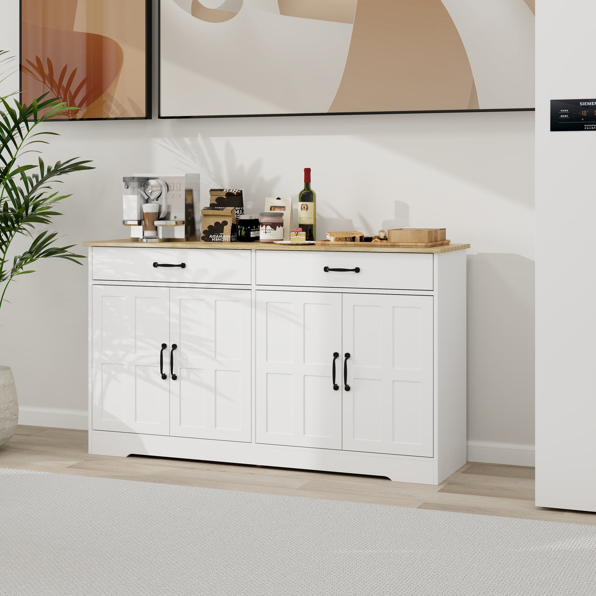 55.91" Large Farmhouse Buffet Cabinet Storage Sideboard with 2 Drawers and 4 Doors for Dining Living Room Kitchen Cupboard-White W282138080-djyc