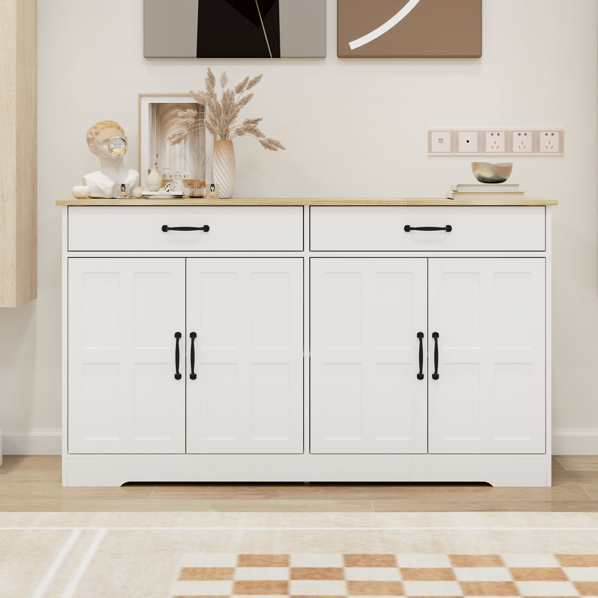 55.91" Large Farmhouse Buffet Cabinet Storage Sideboard with 2 Drawers and 4 Doors for Dining Living Room Kitchen Cupboard-White W282138080-djyc