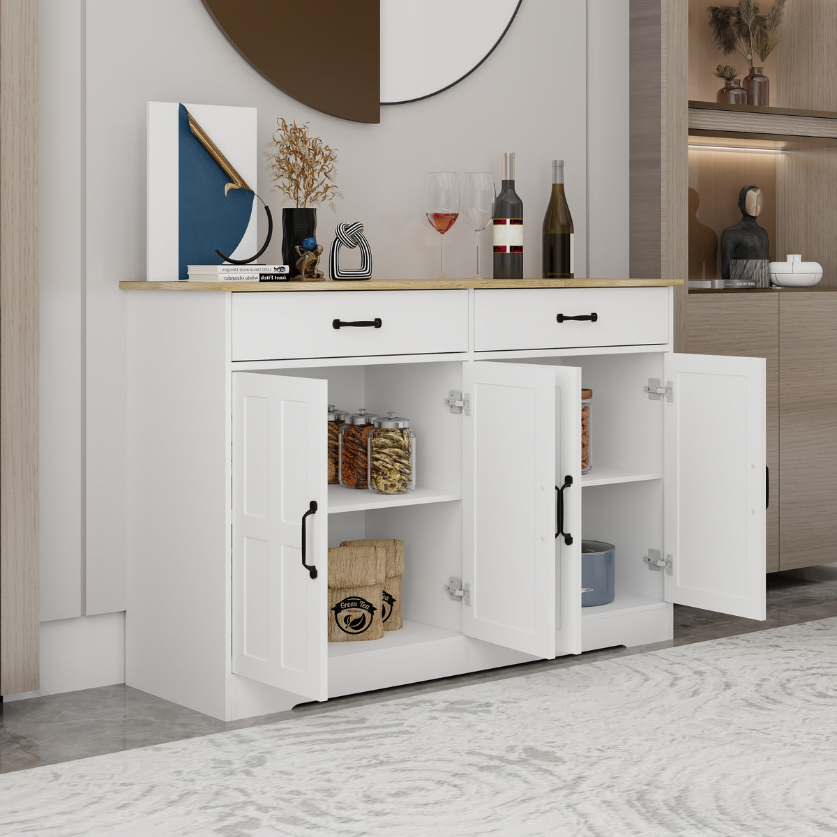 47.95" Farmhouse Buffet Cabinet Storage Sideboard with 2 Drawers and 4 Doors for Dining Living Room Kitchen Cupboard-White W282138088-djyc