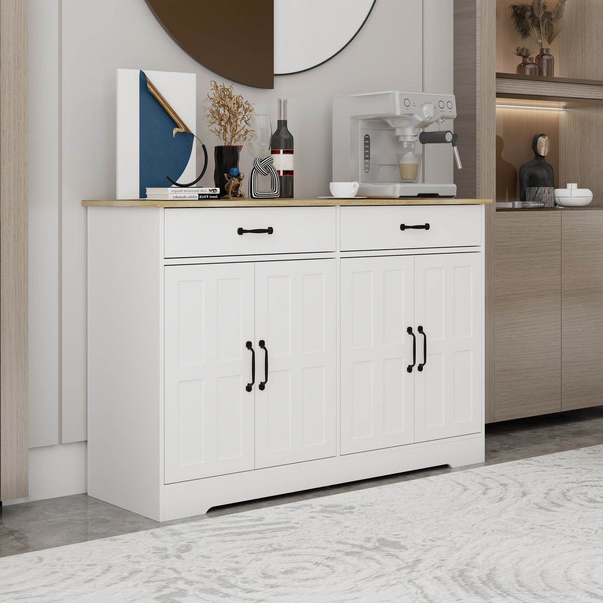 47.95" Farmhouse Buffet Cabinet Storage Sideboard with 2 Drawers and 4 Doors for Dining Living Room Kitchen Cupboard-White W282138088-djyc