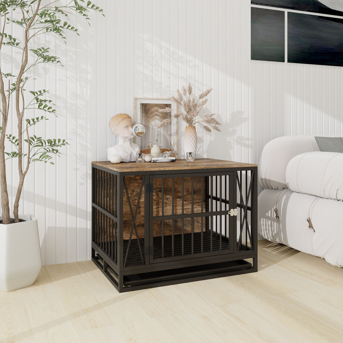 Dog Crate Furniture, 32.67 Inches Dog Kennel for Dogs up to 70 lb, with Removable Tray, Heavy-Duty Dog Cage End Table, Rustic Brown W1120P147133-djyc