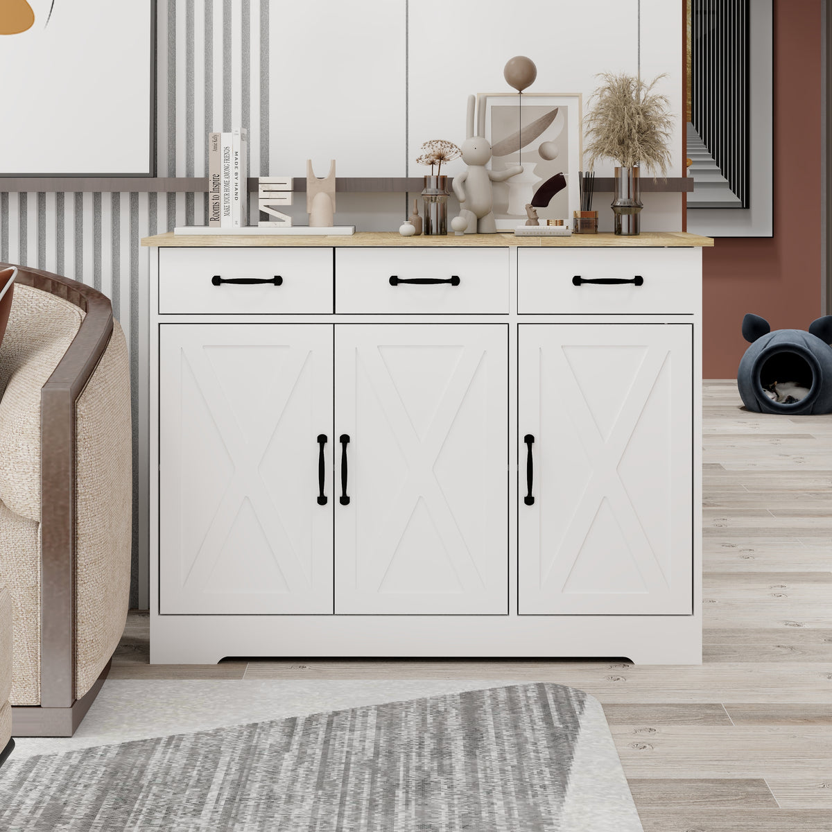 Farmhouse Buffet Cabinet Storage Sideboard with 3 Drawers and 3 Doors for Dining Living Room Kitchen Cupboard-White W282138085-djyc