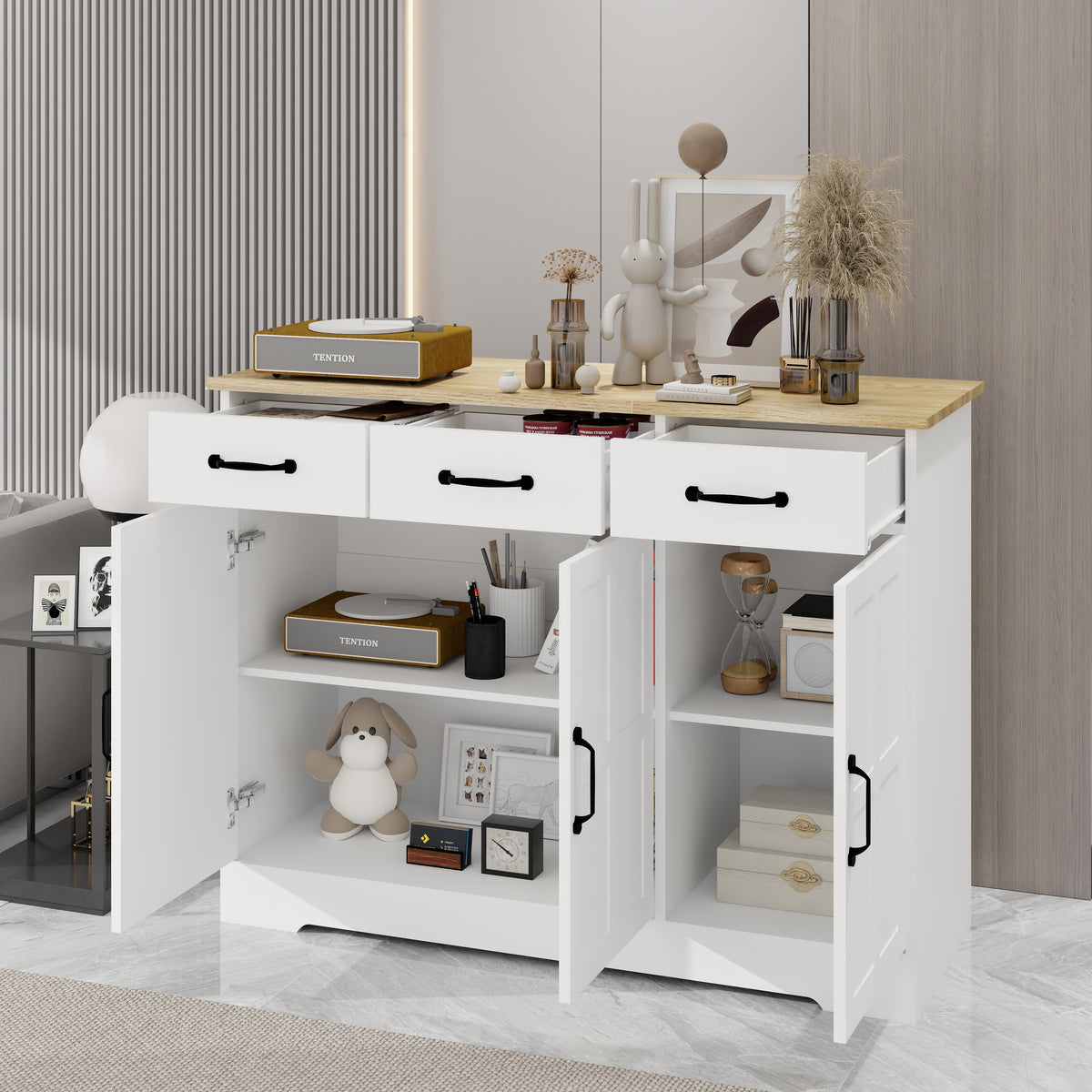 Farmhouse Buffet Cabinet Storage Sideboard with 3 Drawers and 3 Doors for Dining Living Room Kitchen Cupboard-White W282138085-djyc