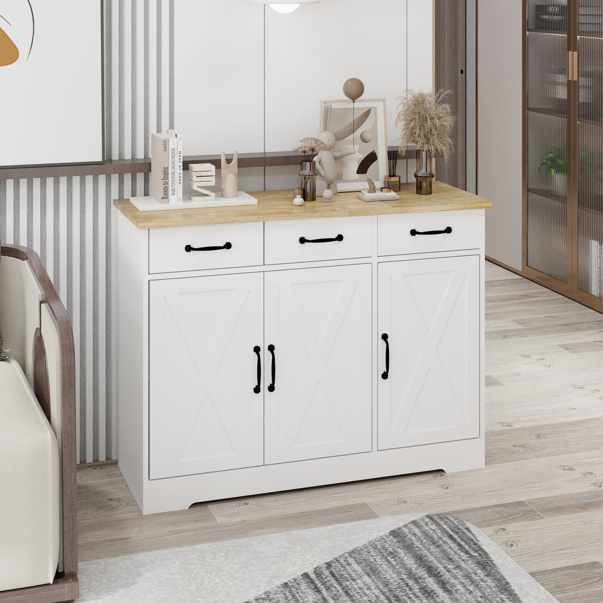 Farmhouse Buffet Cabinet Storage Sideboard with 3 Drawers and 3 Doors for Dining Living Room Kitchen Cupboard-White W282138085-djyc