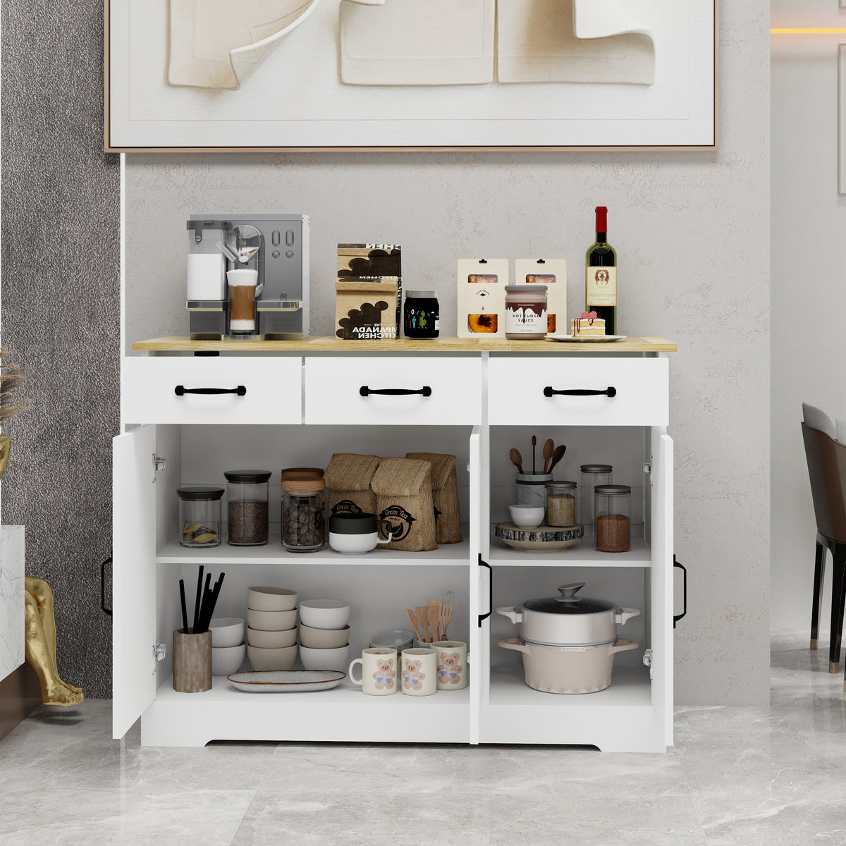 Farmhouse Buffet Cabinet Storage Sideboard with 3 Drawers and 3 Doors for Dining Living Room Kitchen Cupboard-White W282138084-djyc