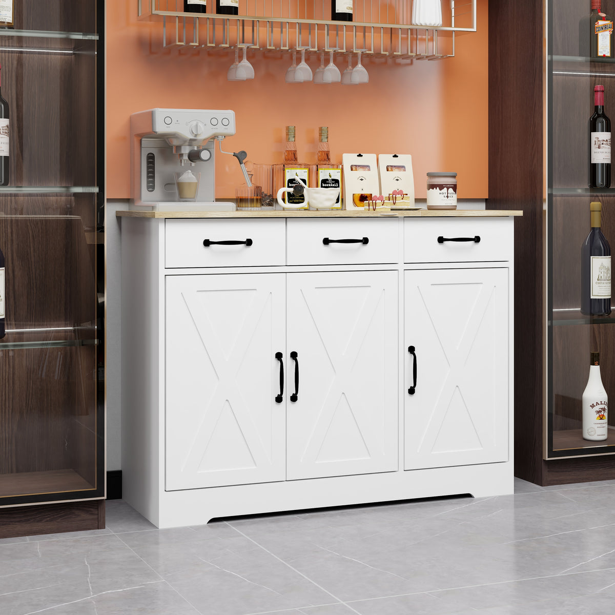 Farmhouse Buffet Cabinet Storage Sideboard with 3 Drawers and 3 Doors for Dining Living Room Kitchen Cupboard-White W282138085-djyc