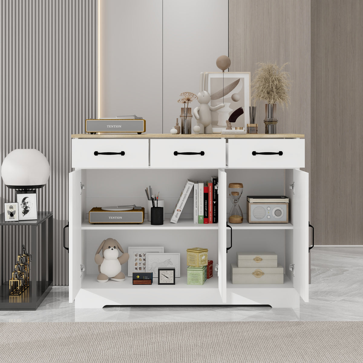 Farmhouse Buffet Cabinet Storage Sideboard with 3 Drawers and 3 Doors for Dining Living Room Kitchen Cupboard-White W282138085-djyc