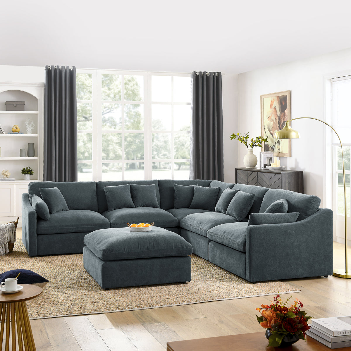 6-Seats Modular L-Shaped Sectional Sofa with Ottoman,10 Pillows, Oversized Upholstered Couch w/Removabled Down-Filled Seat Cushionfor Living Room, Chenille Grey W487S00210-djyc