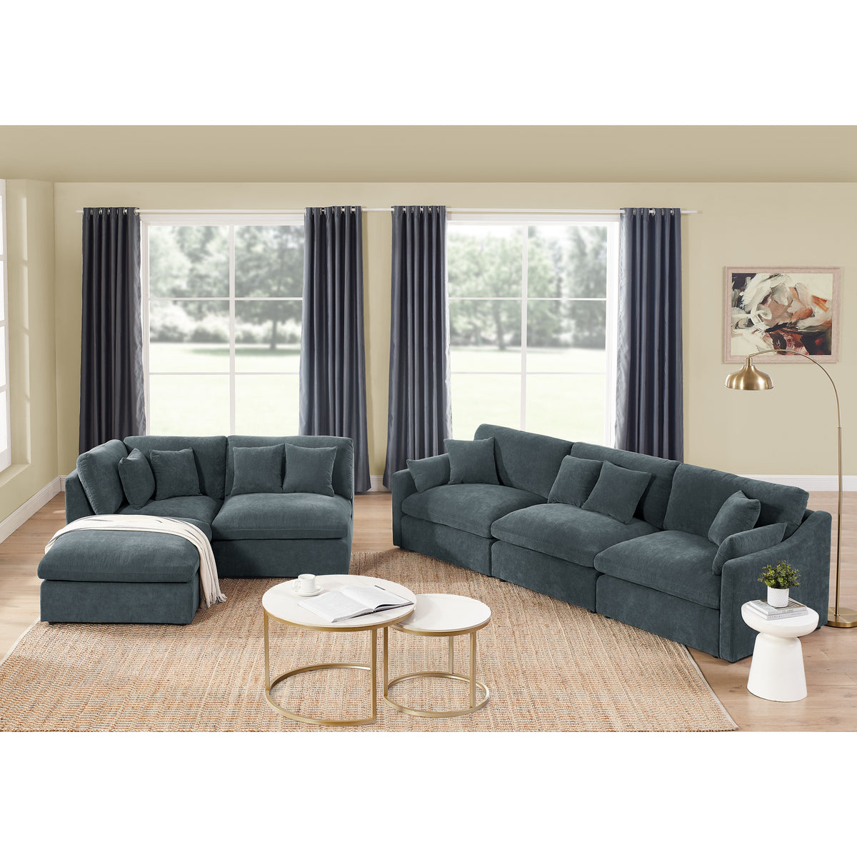 6-Seats Modular L-Shaped Sectional Sofa with Ottoman,10 Pillows, Oversized Upholstered Couch w/Removabled Down-Filled Seat Cushionfor Living Room, Chenille Grey W487S00210-djyc