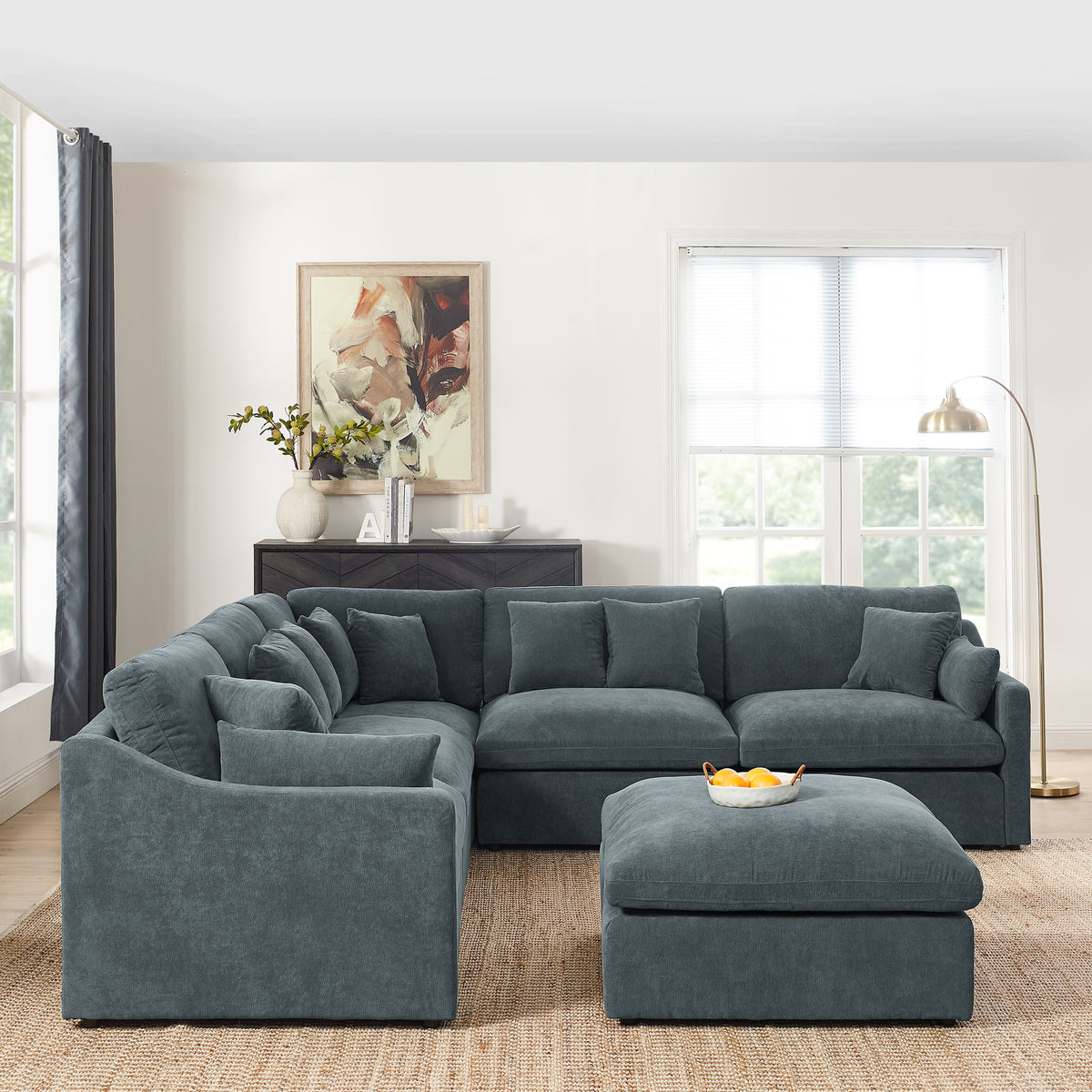 6-Seats Modular L-Shaped Sectional Sofa with Ottoman,10 Pillows, Oversized Upholstered Couch w/Removabled Down-Filled Seat Cushionfor Living Room, Chenille Grey W487S00210-djyc