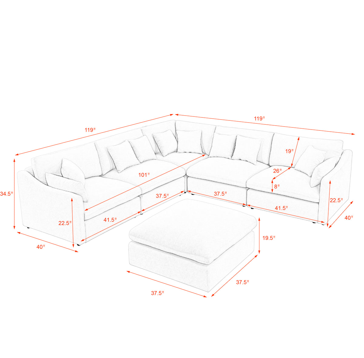 6-Seats Modular L-Shaped Sectional Sofa with Ottoman,10 Pillows, Oversized Upholstered Couch w/Removabled Down-Filled Seat Cushionfor Living Room, Chenille Grey W487S00210-djyc