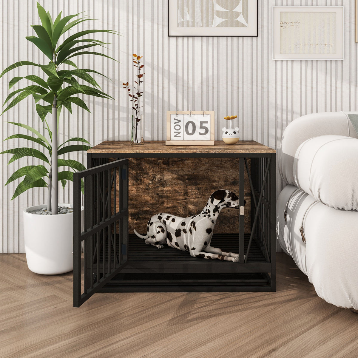 Dog Crate Furniture, 32.67 Inches Dog Kennel for Dogs up to 70 lb, with Removable Tray, Heavy-Duty Dog Cage End Table, Rustic Brown W1120P147133-djyc